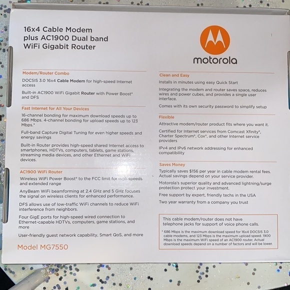 Motorola MG7550 Modem WiFi Router Combo with Power Boost for Up to 300 Mbps - Picture 4 of 4